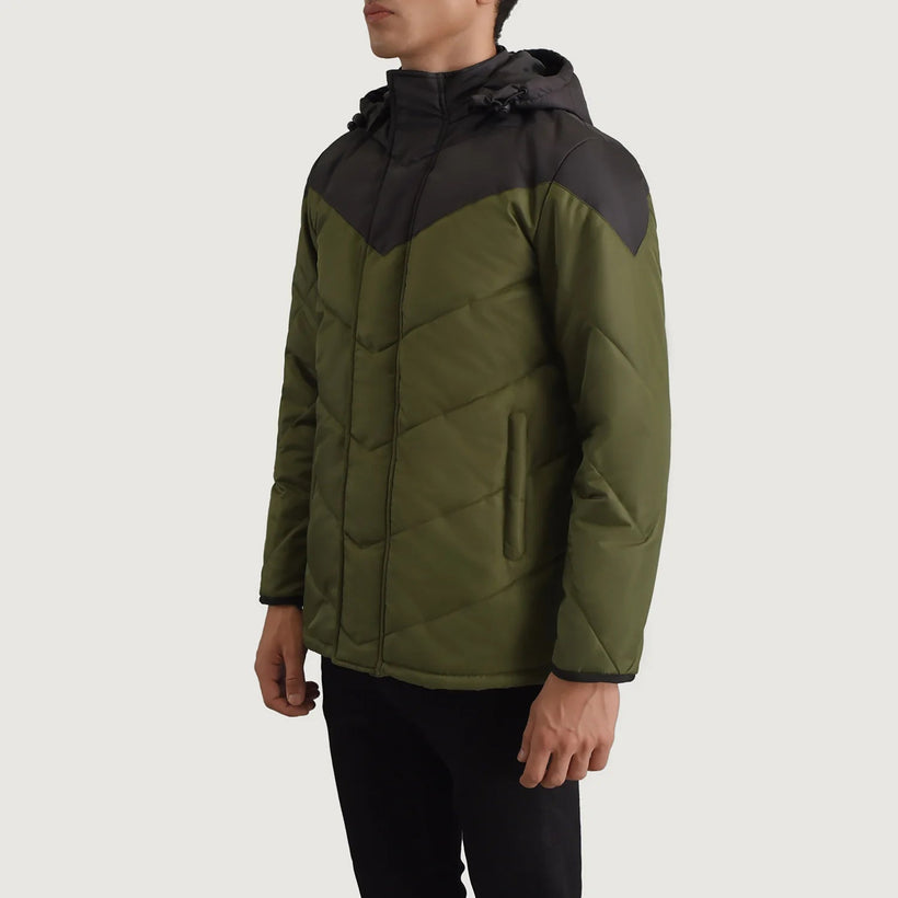 Luka Noir & Vert Hooded Puffer Veste en Cuir pour Homme