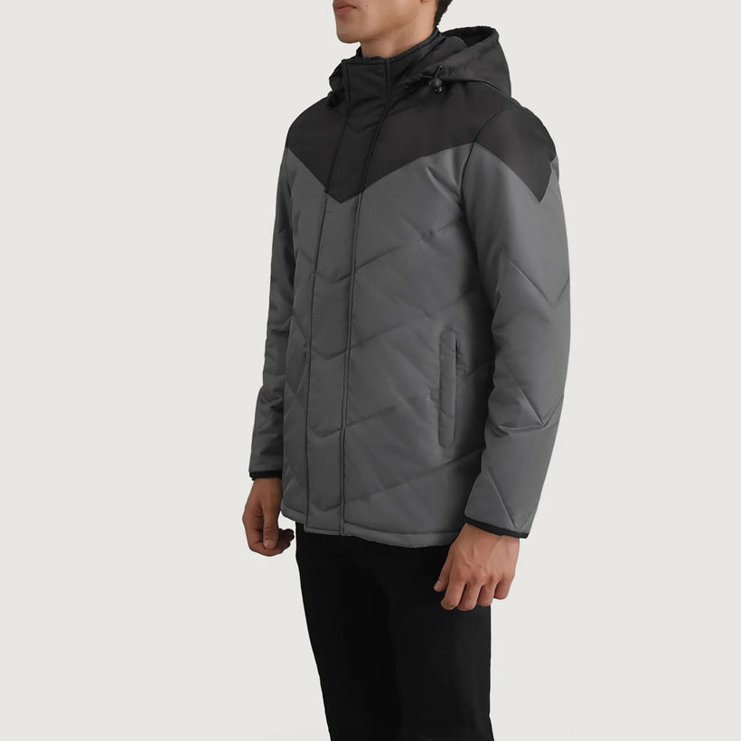 Luka Noir & Gris Hooded Puffer Veste en Cuir pour Homme