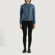 
Luna Blue Hooded Leather Bomber Jacket - Vue de profil mettant en valeur la coupe de manche ergonomique