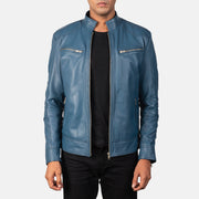 Mack Bleu Veste Motard en Cuir pour Homme in Blue Sheepskin Leather - Vue de face &amp; silhouette ajustée | Acheter en ligne