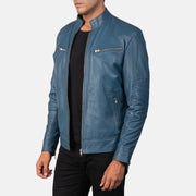 Blue Sheepskin Leather Biker Jacket - Vue de dos avec coupe ajustée aux épaules &amp; ourlet soigné