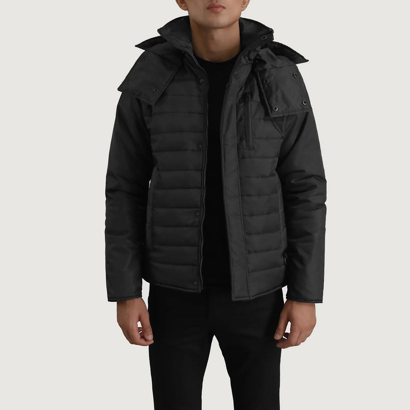 Malcolm Noir Hooded Puffer Veste en Cuir pour Homme