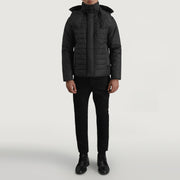 
Malcolm Noir Hooded Puffer Veste en Cuir pour Homme - Vue de profil mettant en valeur la coupe de manche ergonomique