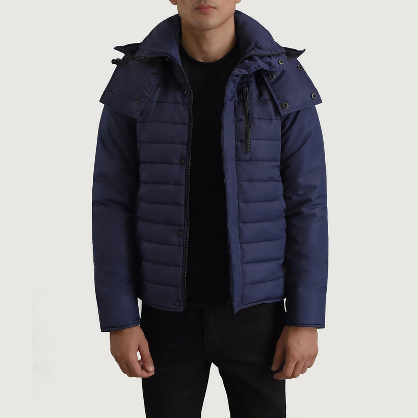 Malcolm Bleu Hooded Puffer Veste en Cuir pour Homme