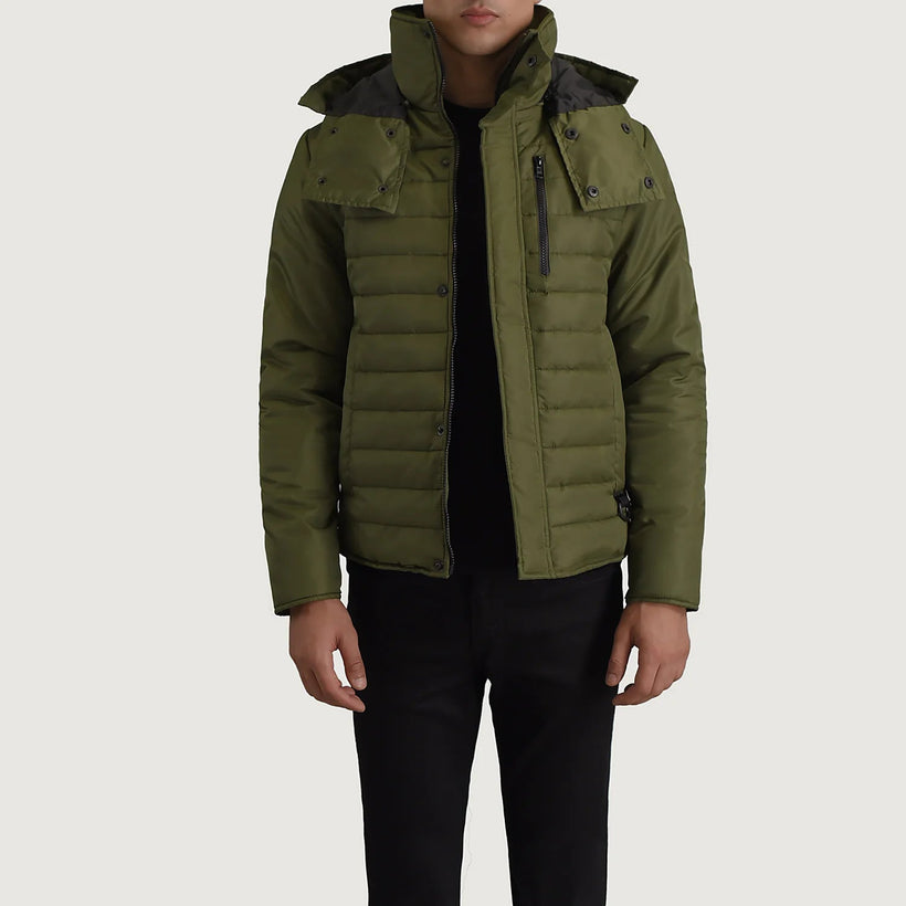 Malcolm Vert Hooded Puffer Veste en Cuir pour Homme
