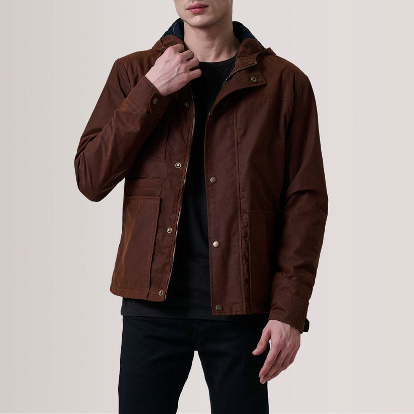 Marlo Marron Canvas Hooded Work Veste en Cuir pour Homme