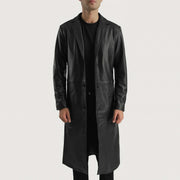 Mateo Black Leather Single Breasted Coat in Black Cowhide Leather - Vue de face &amp; silhouette ajustée | Acheter en ligne