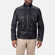 Maurice Noir Veste en Cuir pour Homme in Black Sheepskin Leather - Vue de face &amp; silhouette ajustée | Acheter en ligne