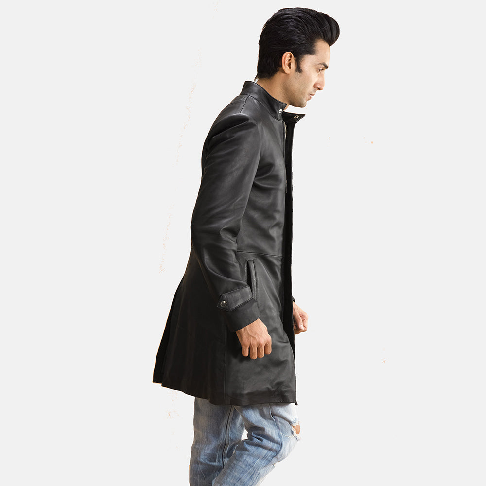 Black Sheepskin leather Coat - Vue de dos avec coupe ajustée aux épaules &amp; ourlet soigné