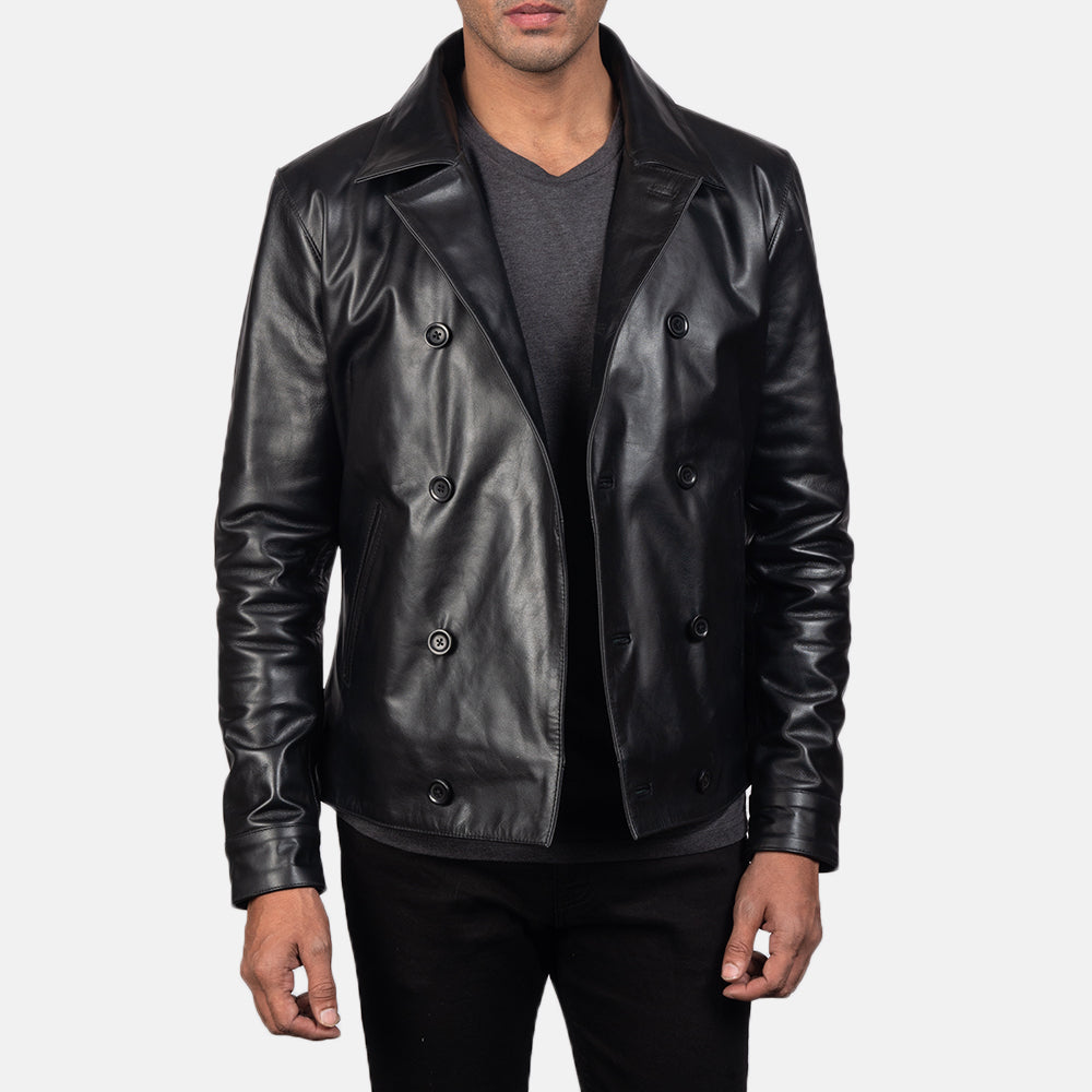 Vue détaillée of Notch &amp; Buttons Hardware on Mod Noir Leather Peacoat pour Homme