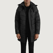 
Moore Noir Hooded Parka pour Homme en cuir de vachette noir véritable - Vue de face & silhouette ajustée | Acheter en ligne