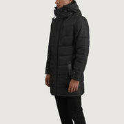
Black Full-Grain Leather Hooded Jacket - Vue arrière montrant la carrure ajustée et l'ourlet net