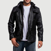 Men's Moulder Hooded Noir Veste en Cuir pour Homme in Black Cowhide Leather - Vue de face &amp; silhouette ajustée | Acheter en ligne