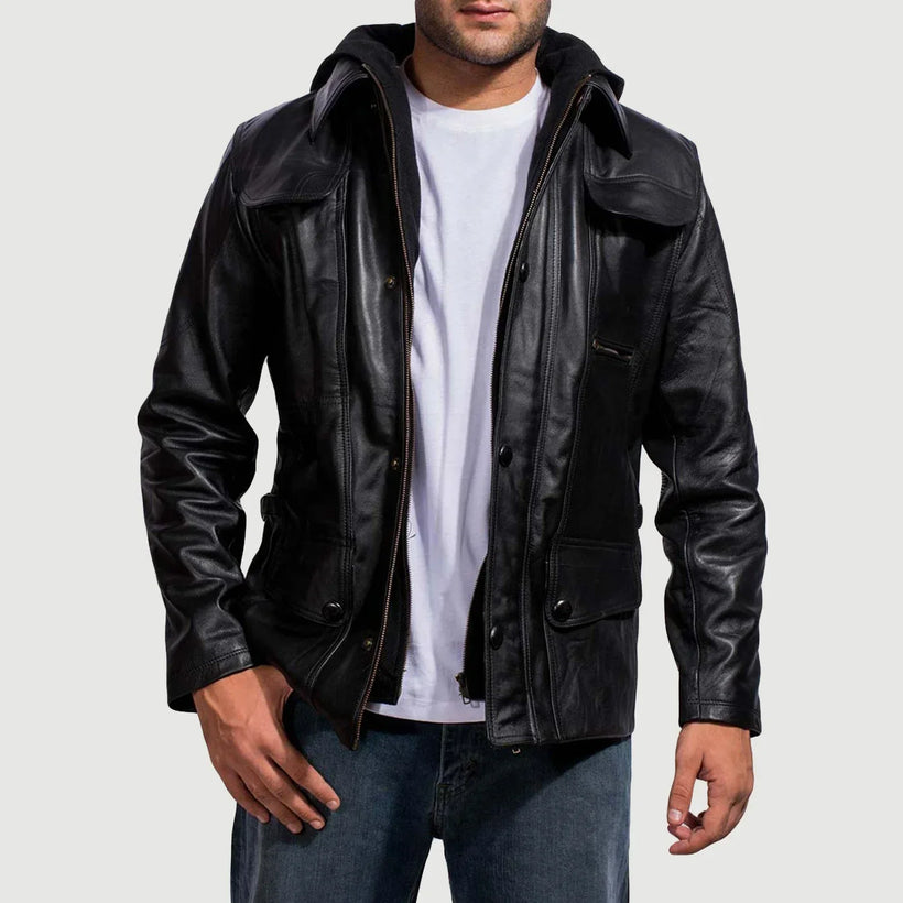 Moulder Hooded Noir Veste en Cuir pour Homme