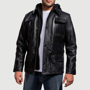 Black Cowhide Leather Hooded Jacket - Vue de dos avec coupe ajustée aux épaules &amp; ourlet soigné