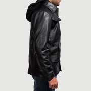 Vue détaillée of Shirt &amp; Zipper with Button Flap Hardware on Men's Moulder Hooded Noir Veste en Cuir pour Homme