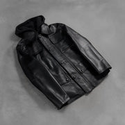 Zipper &amp; Hem Craftsmanship Construction Detail on Men's Moulder Hooded Noir Veste en Cuir pour Homme