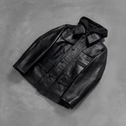 Styled Fit Perspective of Men's Moulder Hooded Noir Veste en Cuir pour Homme on Model - Natural Daylight Drape