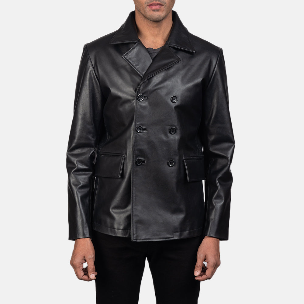 
Mr. Bailey Noir Leather Naval Peacoat pour Homme in Black Cowhide Leather - Vue de face & silhouette ajustée | Acheter en ligne