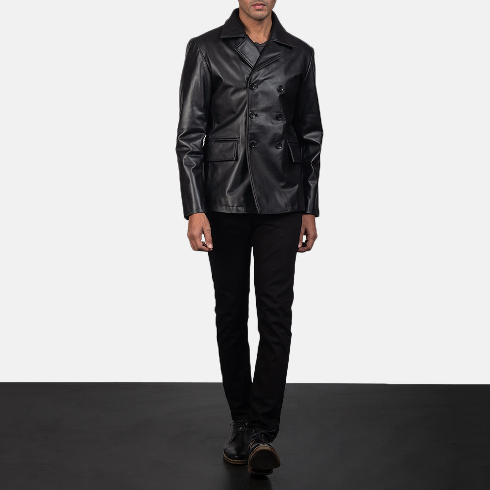 
Mr. Bailey Noir Leather Naval Peacoat pour Homme - Vue de profil mettant en valeur la coupe de manche ergonomique