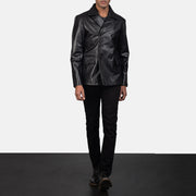 
Mr. Bailey Noir Leather Naval Peacoat pour Homme - Vue de profil mettant en valeur la coupe de manche ergonomique