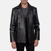 
Vue détaillée of Notch & Buttons Hardware on Mr. Bailey Noir Leather Naval Peacoat pour Homme