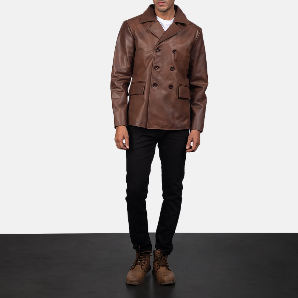 
Mr. Bailey Marron Leather Naval Peacoat pour Homme - Vue de profil mettant en valeur la coupe de manche ergonomique