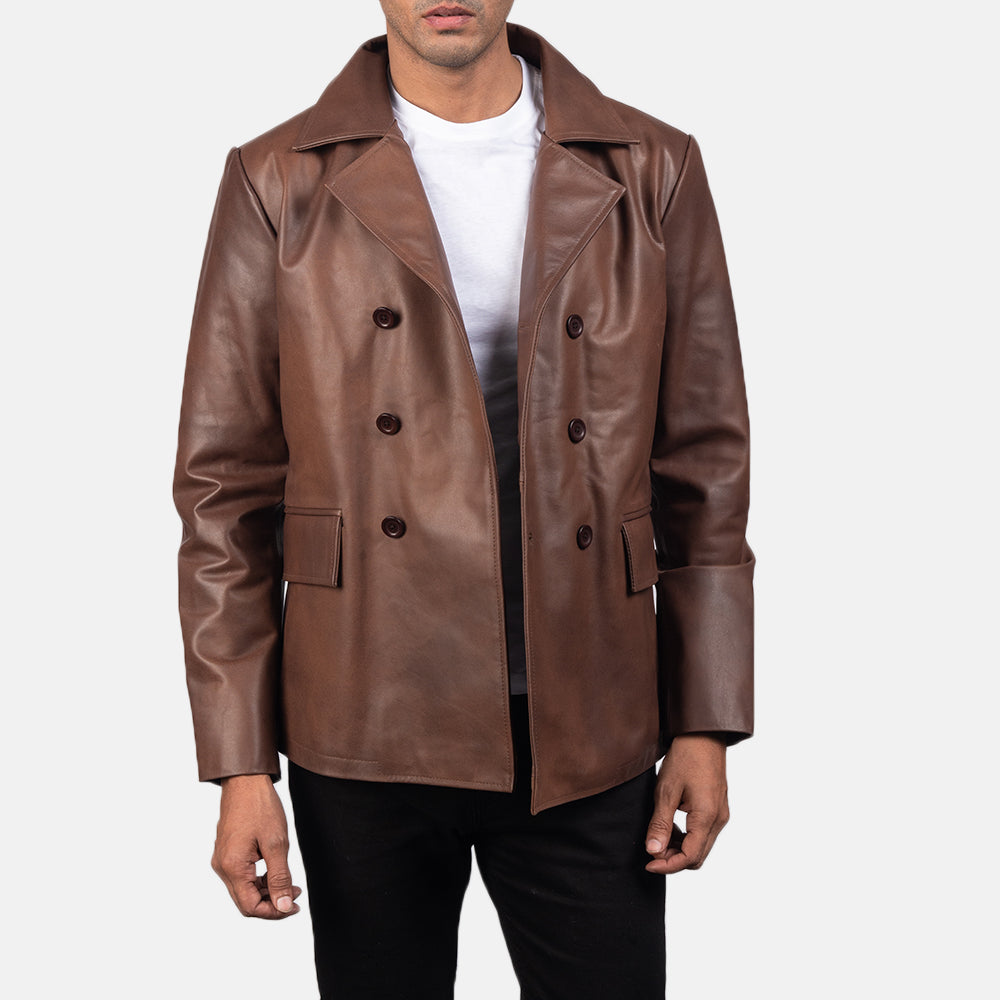 
Vue détaillée of Notch & Buttons Hardware on Mr. Bailey Marron Leather Naval Peacoat pour Homme