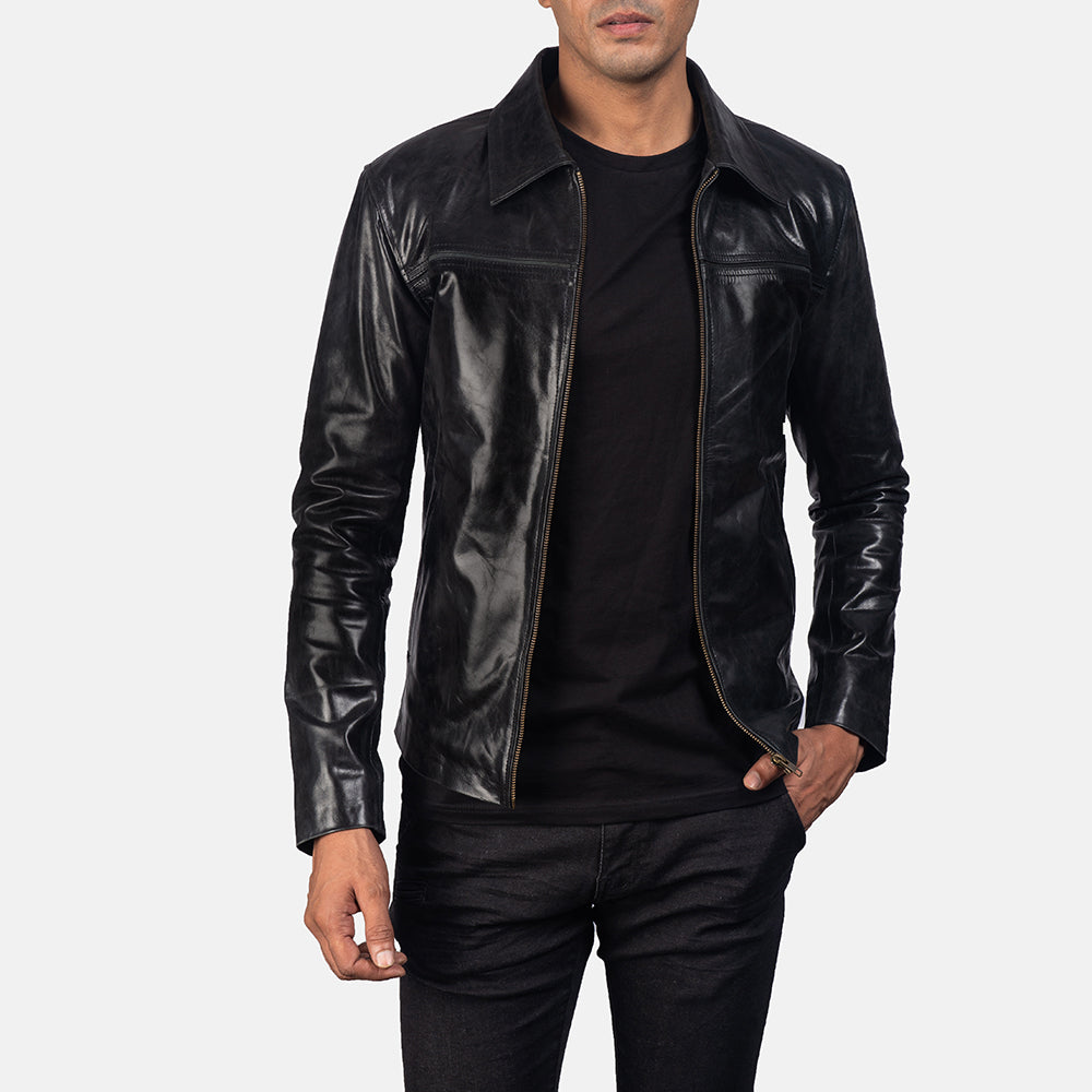 Men's Mystical Black Leather Jacket in Black Cowhide Leather - Vue de face &amp; silhouette ajustée | Acheter en ligne
