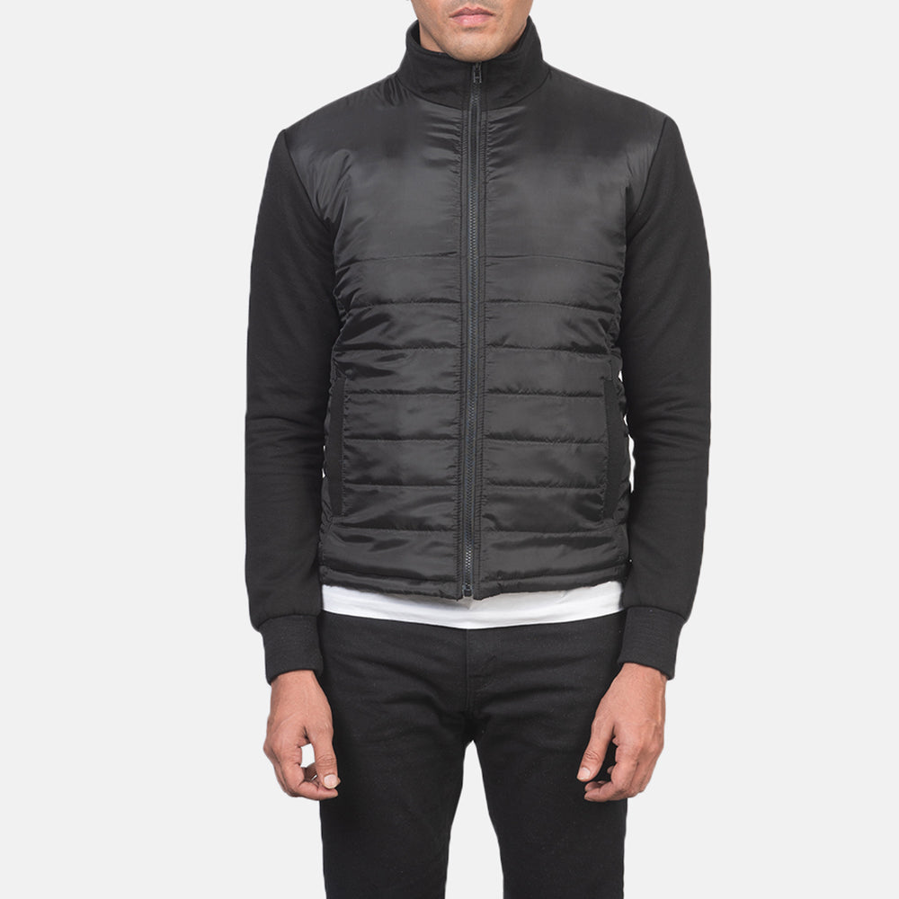 
Vue détaillée of High Neck & Zipper with wind flap Hardware on Nashville Matelassé Noir Windbreaker Veste en Cuir pour Homme