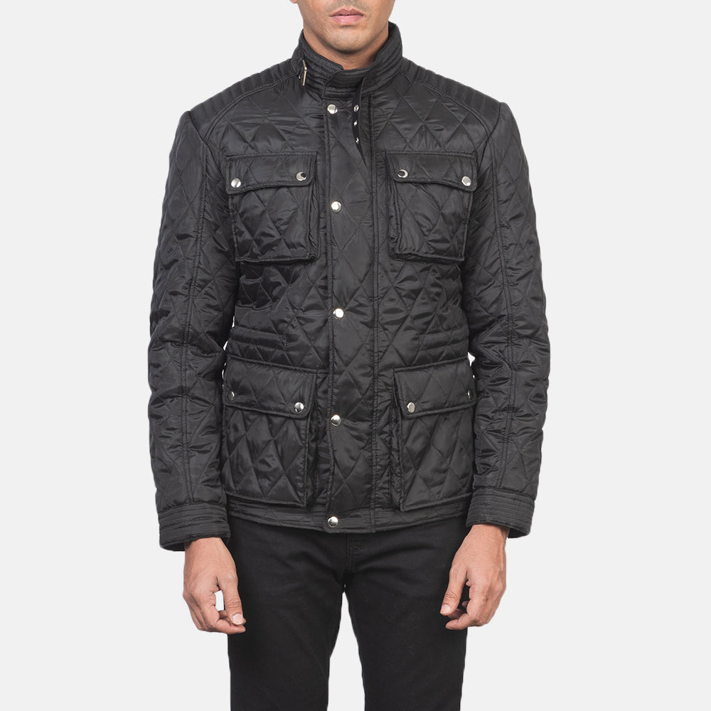 Vue détaillée of Belted Band & Zipper with Front Button Flap Hardware on Nelson Quilted Black Windbreaker Jacket
