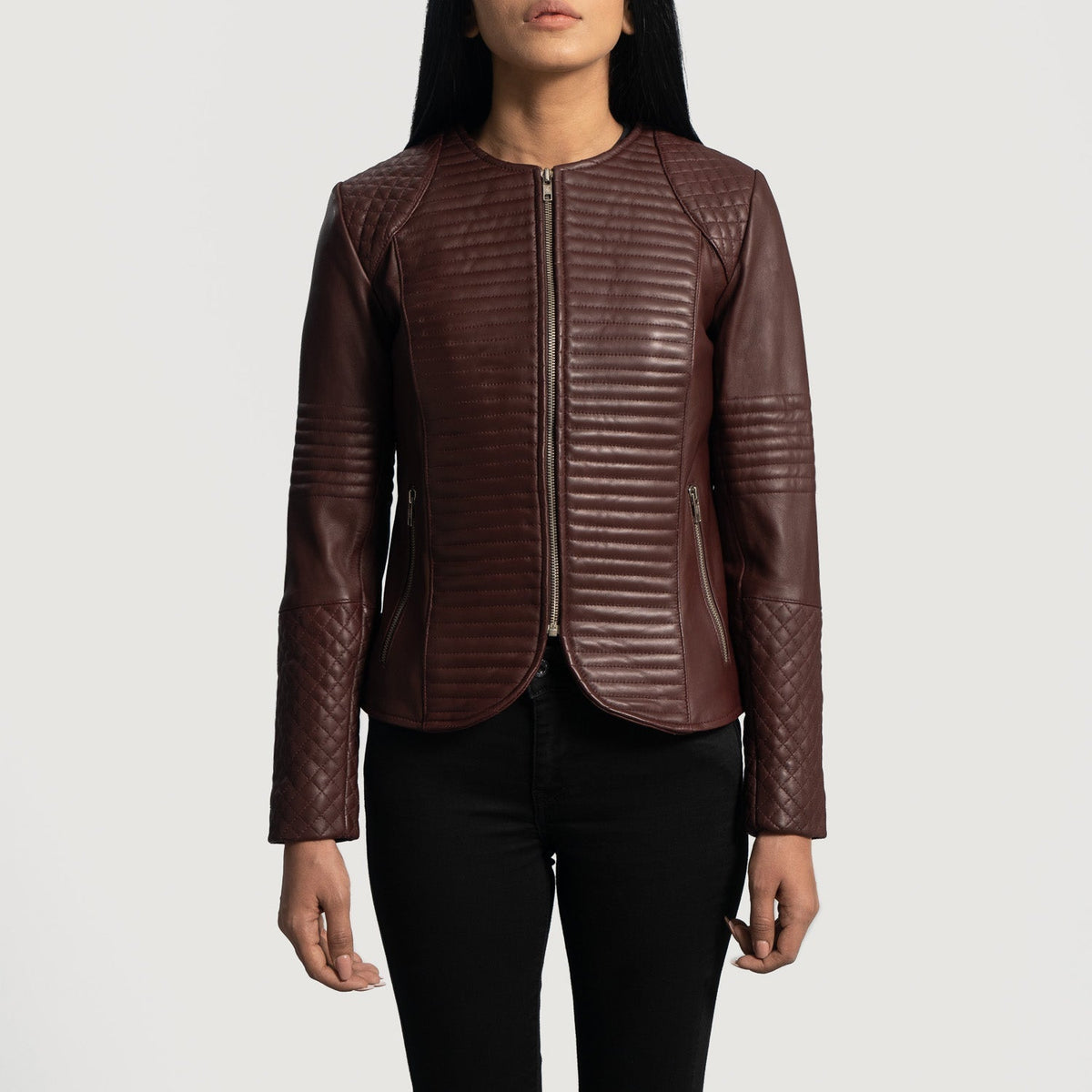 Women's Nexi Quilted Maroon Leather Jacket in Maroon Sheepskin Leather - Vue de face &amp; silhouette ajustée | Acheter en ligne