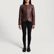 Vue détaillée of Classic Collar &amp; Zipper Hardware on Women's Nexi Quilted Maroon Leather Jacket