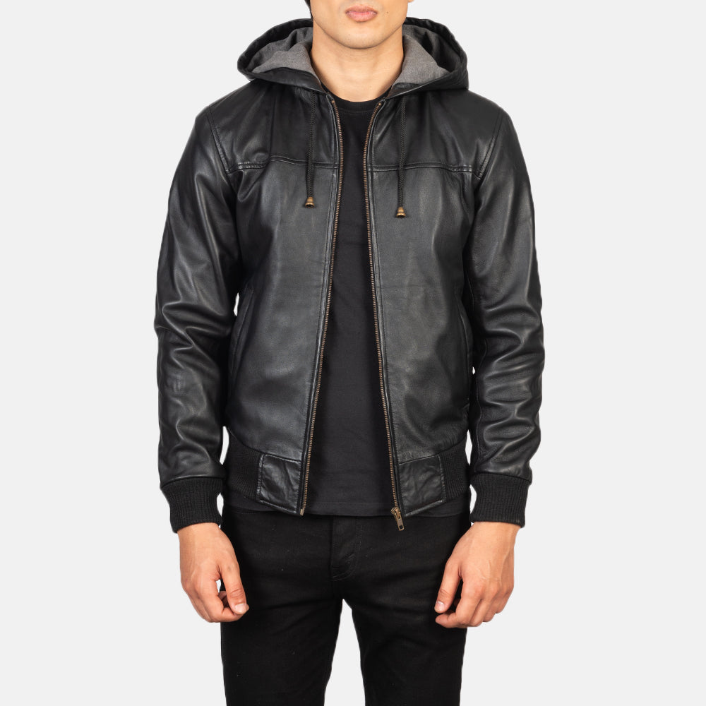 Men's Nintenzo Black Hooded Leather Jacket in Black Sheepskin Leather - Vue de face &amp; silhouette ajustée | Acheter en ligne