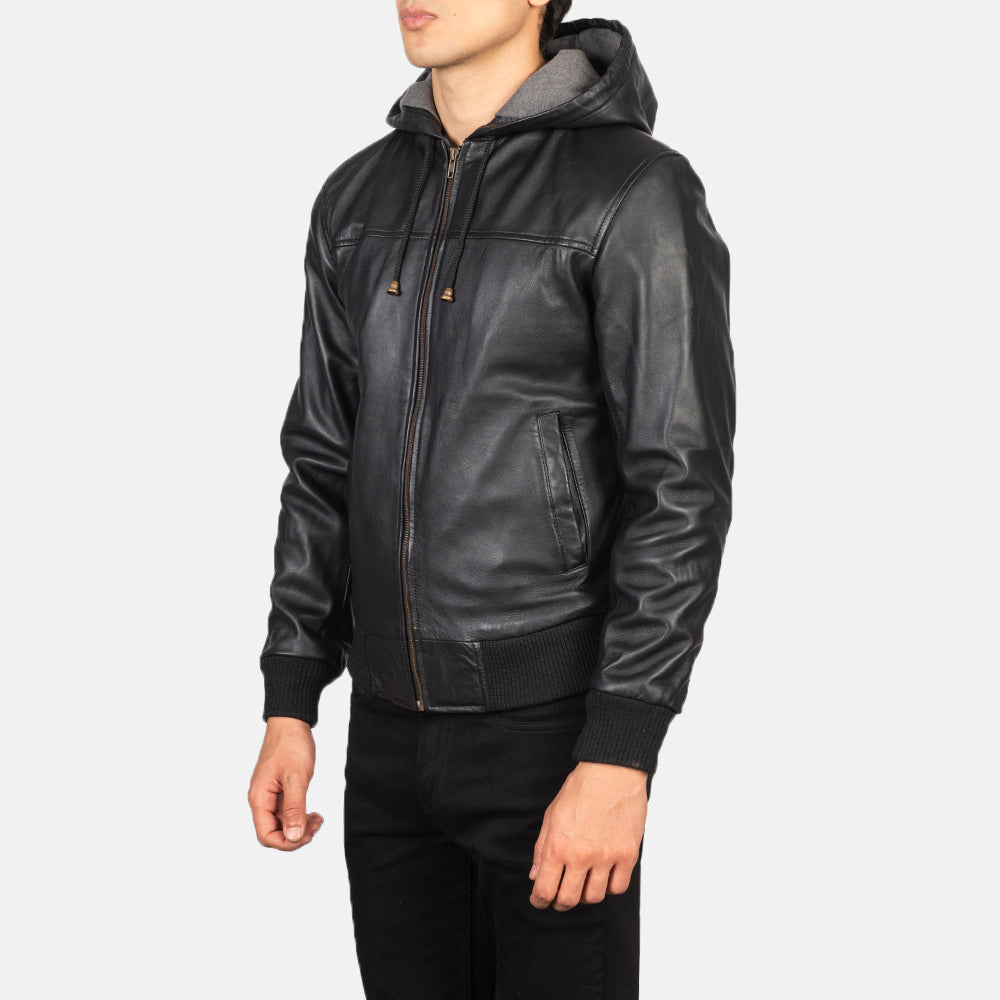 Black Sheepskin Leather Hooded Jacket - Vue de dos avec coupe ajustée aux épaules &amp; ourlet soigné