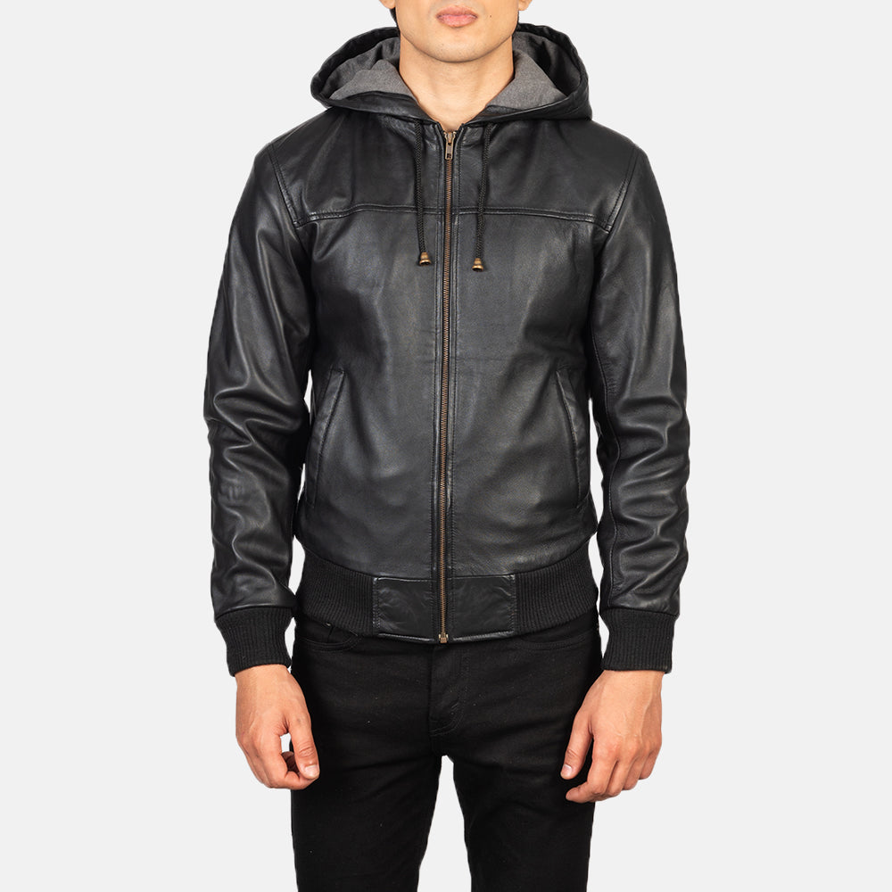 Vue détaillée of Hooded &amp; Zipper Hardware on Men's Nintenzo Black Hooded Leather Jacket