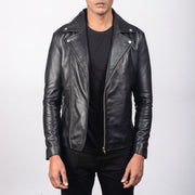 Men's Noah Black Leather Biker Jacket in Black Sheepskin Leather - Vue de face &amp; silhouette ajustée | Acheter en ligne