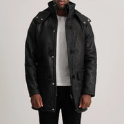 Nolan Black Snuffed Leather Duffle Coat in Distressed Black Sheepskin Snuffed - Vue de face &amp; silhouette ajustée | Acheter en ligne