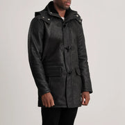 Distressed Black Sheepskin Snuffed Hooded Jacket - Vue de dos avec coupe ajustée aux épaules &amp; ourlet soigné