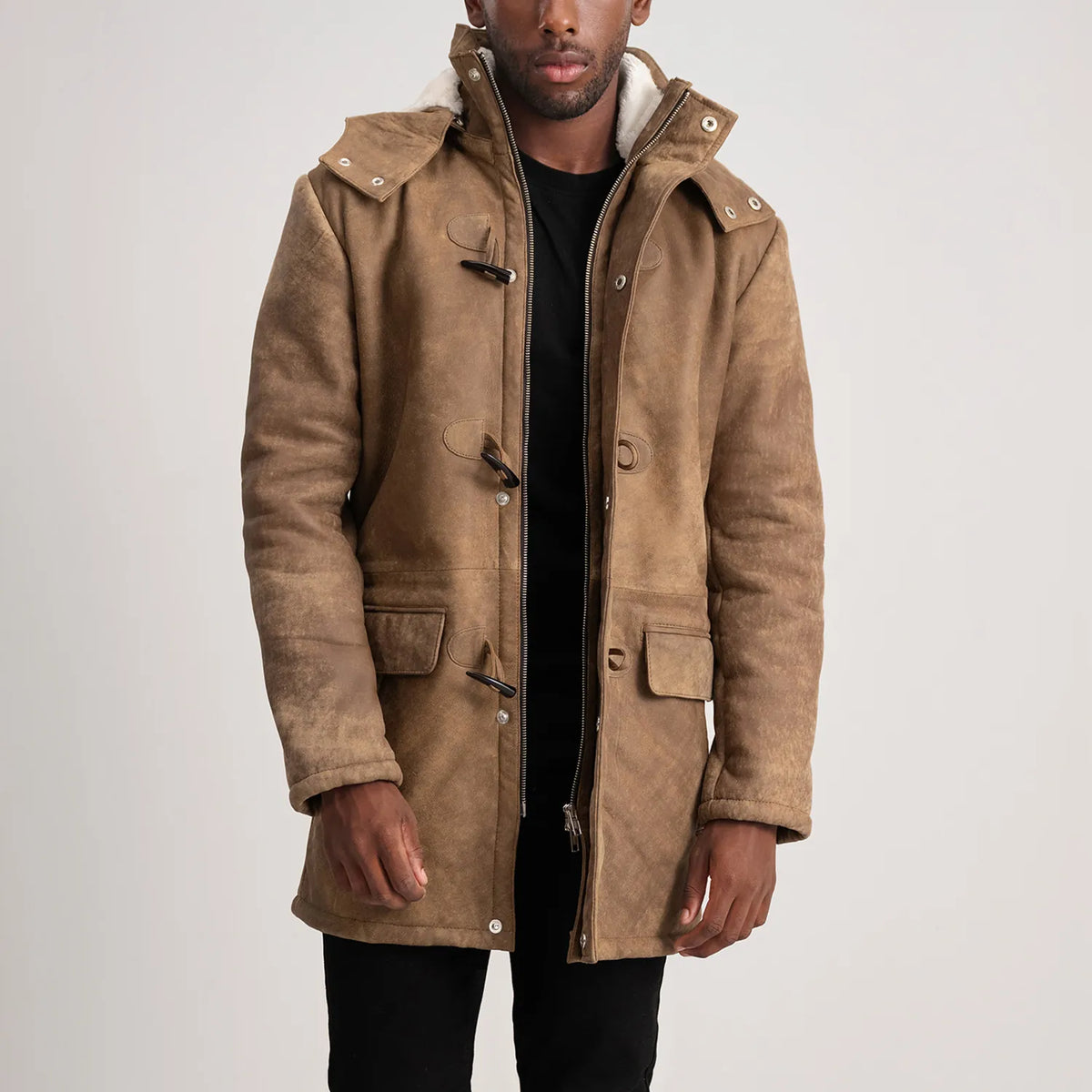 Tailored Rib Cuffs &amp; Hem Craftsmanship Construction Detail on Nolan Black Snuffed Leather Duffle Coat