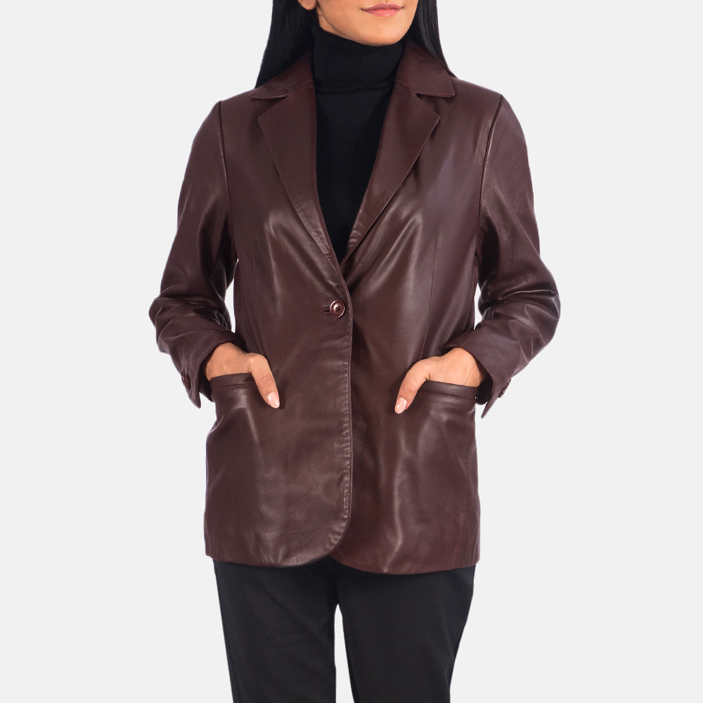 Button &amp; Hem Craftsmanship Construction Detail on Women's Norma Brown Suede Blazer