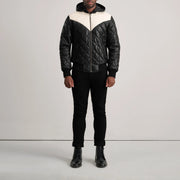 
Norman Tan Hooded Bomber Leather Puffer Jacket - Vue de profil mettant en valeur la coupe de manche ergonomique
