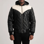 
Vue détaillée of Hooded & Zipper Hardware on Norman Tan Hooded Bomber Leather Puffer Jacket