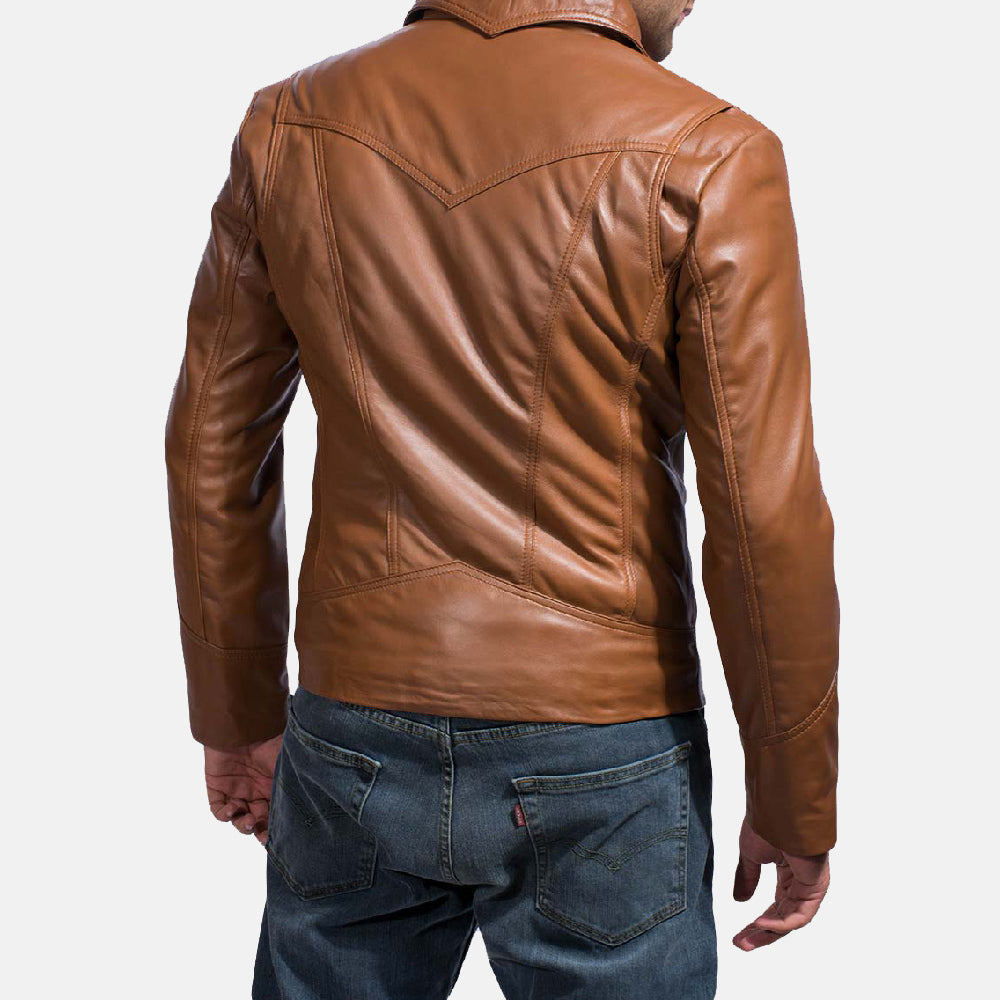 
Gros plan sur le col chemise et les zips métalliques de Old School Marron Veste en Cuir pour Homme