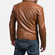 
Gros plan sur le col chemise et les zips métalliques de Old School Marron Veste en Cuir pour Homme