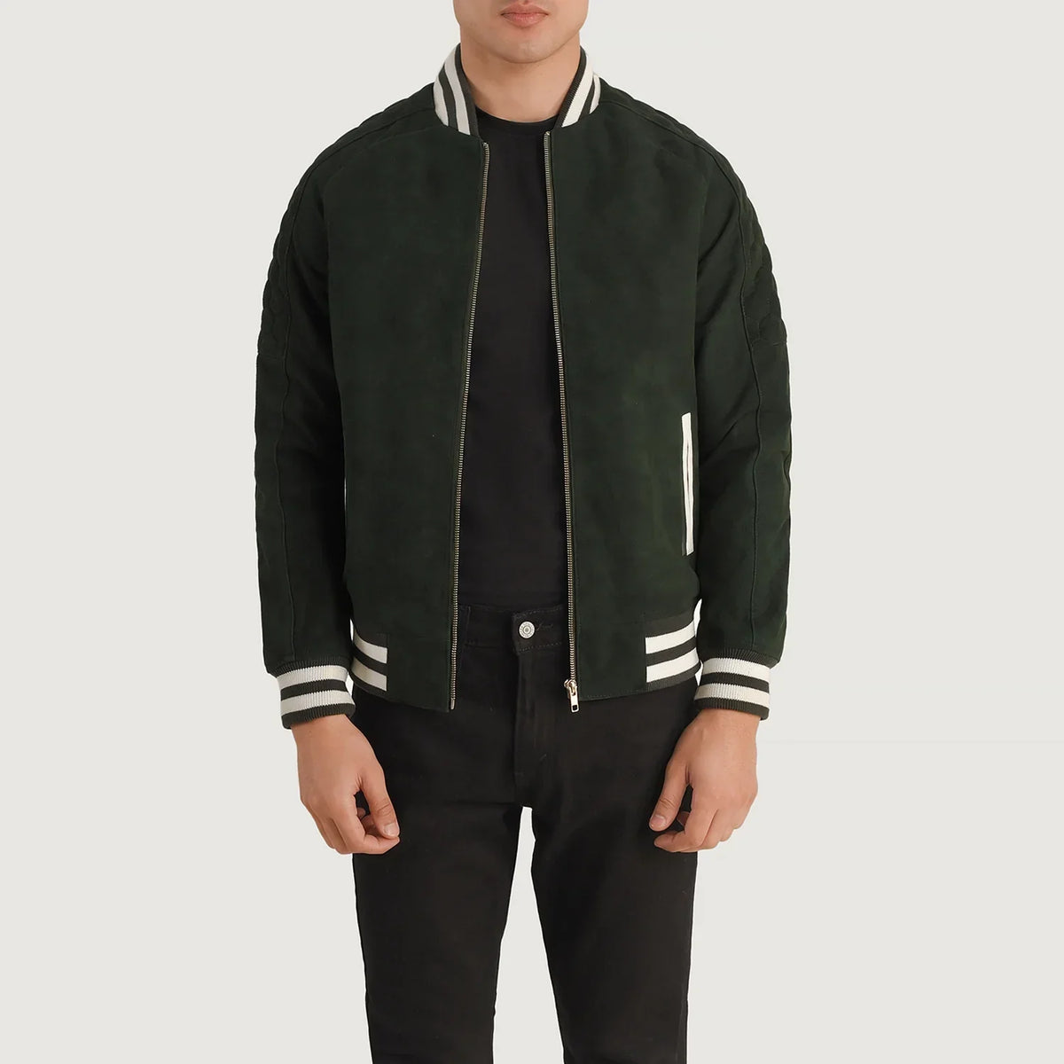 Pascal Vert Suede Varsity Veste en Cuir pour Homme in Green Goatskin Suede - Vue de face &amp; silhouette ajustée | Acheter en ligne