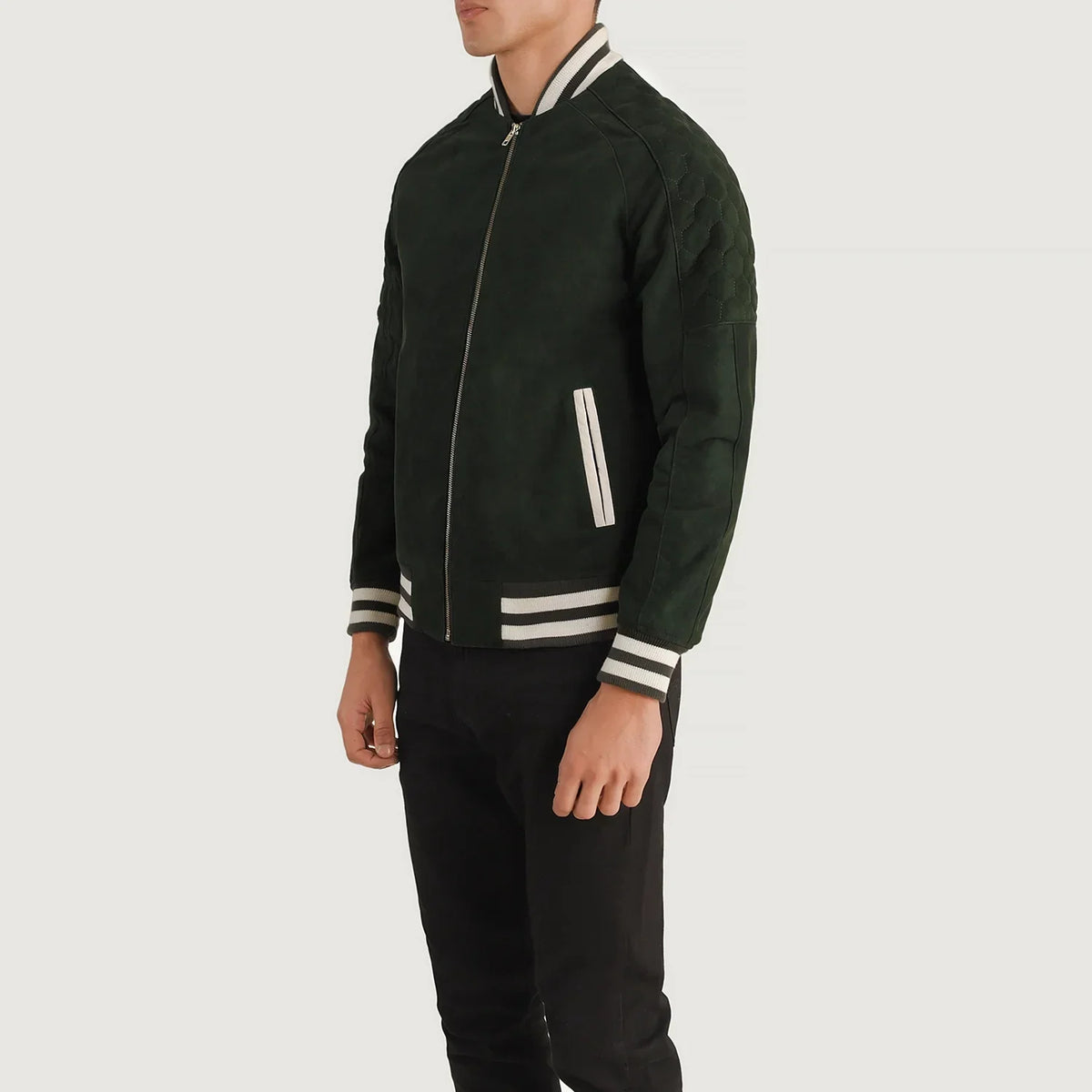 Green Goatskin Suede Varsity Jacket - Vue de dos avec coupe ajustée aux épaules &amp; ourlet soigné