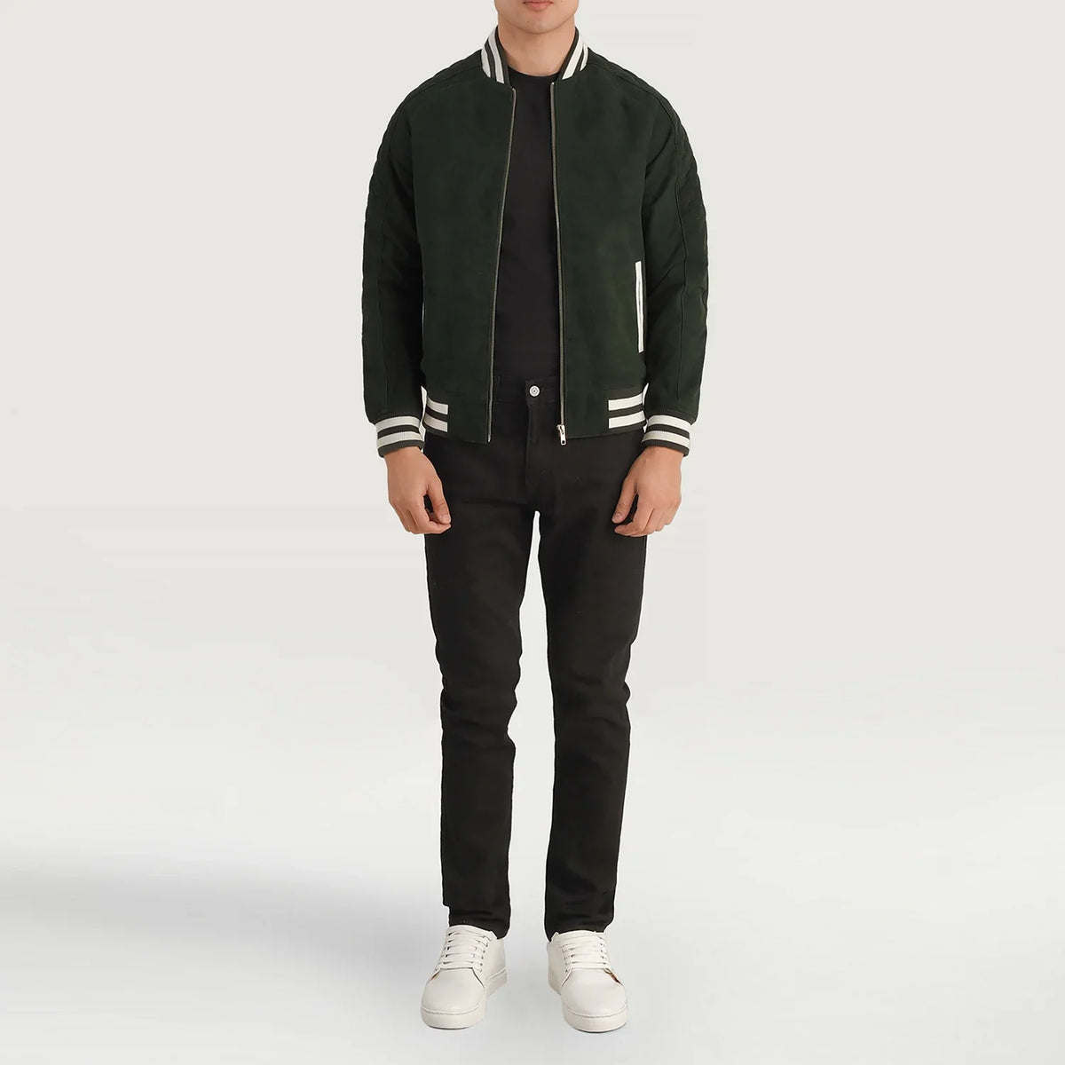 Pascal Vert Suede Varsity Veste en Cuir pour Homme - Vue de profil avec coupe de manche ergonomique