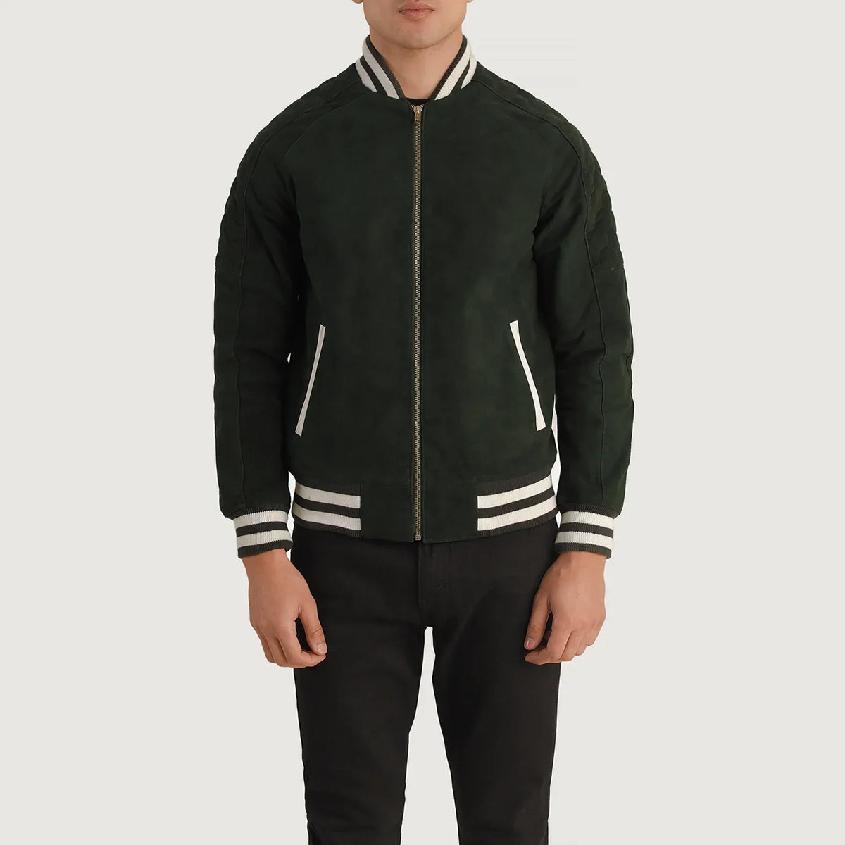 Vue détaillée of Varsity collar &amp; Zipper Hardware on Pascal Vert Suede Varsity Veste en Cuir pour Homme