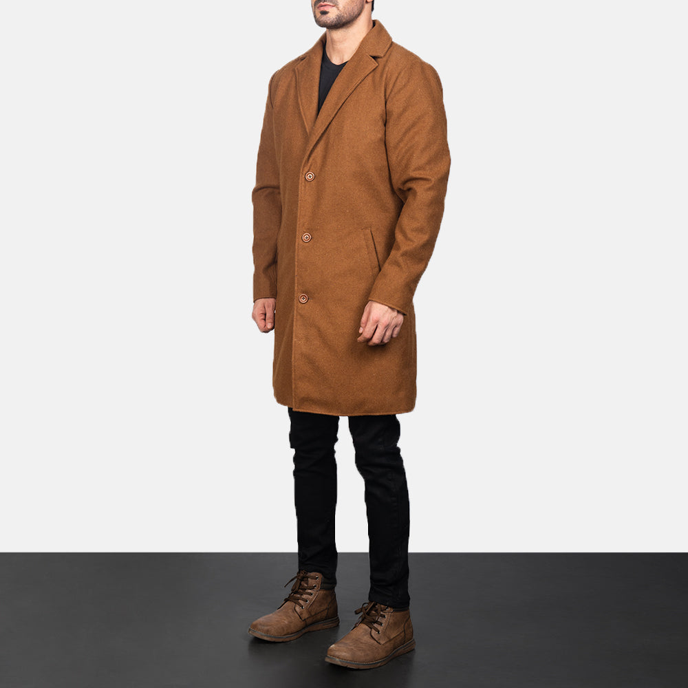 
Petrillo Khaki Wool Single Breasted Manteau en Cuir pour Homme - Vue de profil mettant en valeur la coupe de manche ergonomique